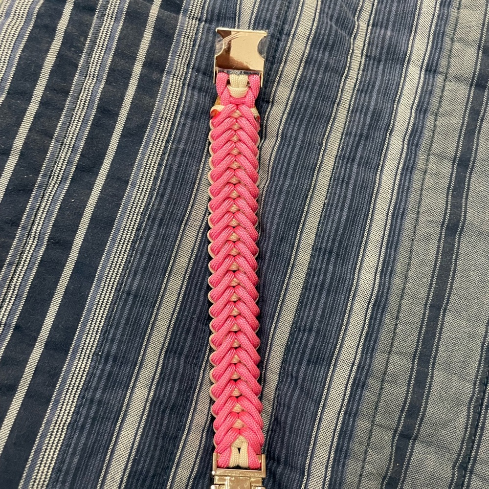 Handcrafted handmade pink white Paracord bracelet silver metal clasp 8.5 inches - Picture 4 of 11